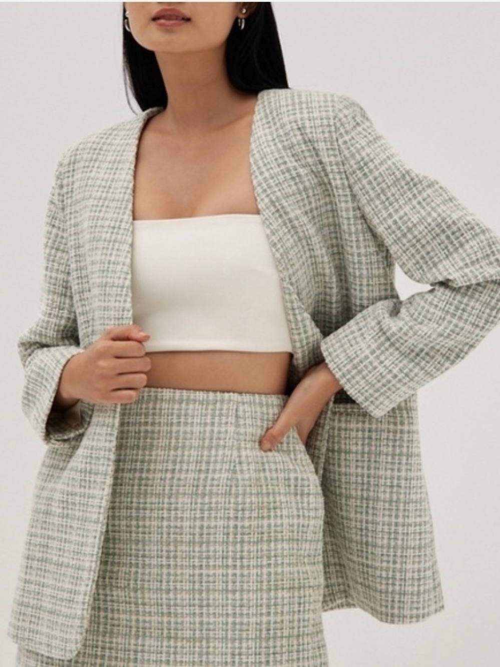 Love Bonito Sloane Seafoam Tweed Blazer and Skirt Set